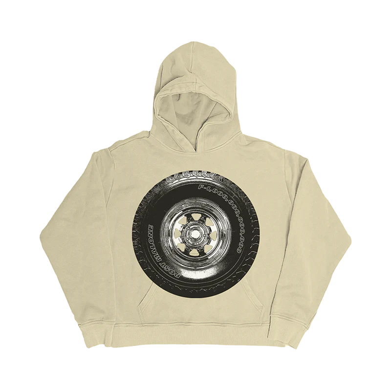 Front view of beige 'Tire' hoodie with a large black tire print and Post Malone branding. Limited edition Post Malone tire print hoodie