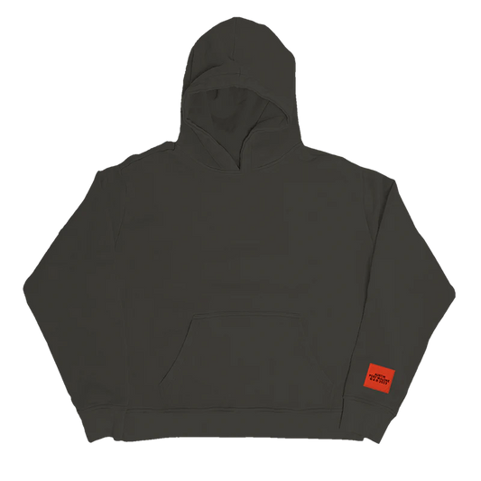 "Charcoal hoodie with a small red patch near the hem that reads 'Austin Post Malone © & ℗ 2023'."