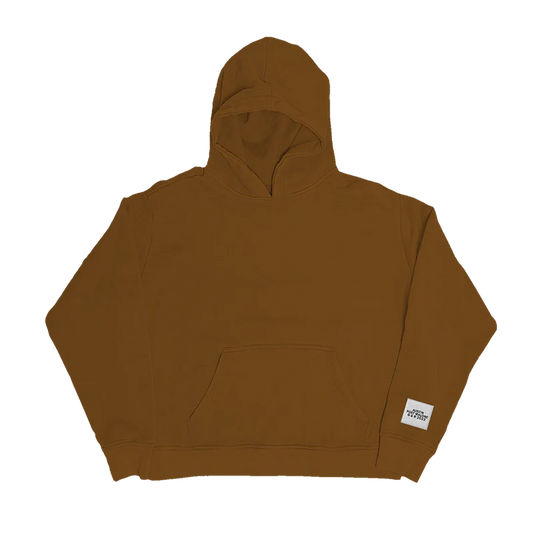 "Clay-colored hoodie with a small white patch near the hem that reads 'Austin Post Malone © & ℗ 2023'."