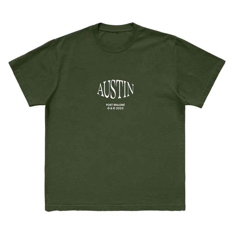 "Olive green t-shirt with 'Austin' in large white letters and 'Post Malone © & ℗ 2023' printed below in smaller white letters."