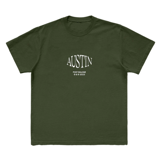 "Olive green t-shirt with 'Austin' in large white letters and 'Post Malone © & ℗ 2023' printed below in smaller white letters."