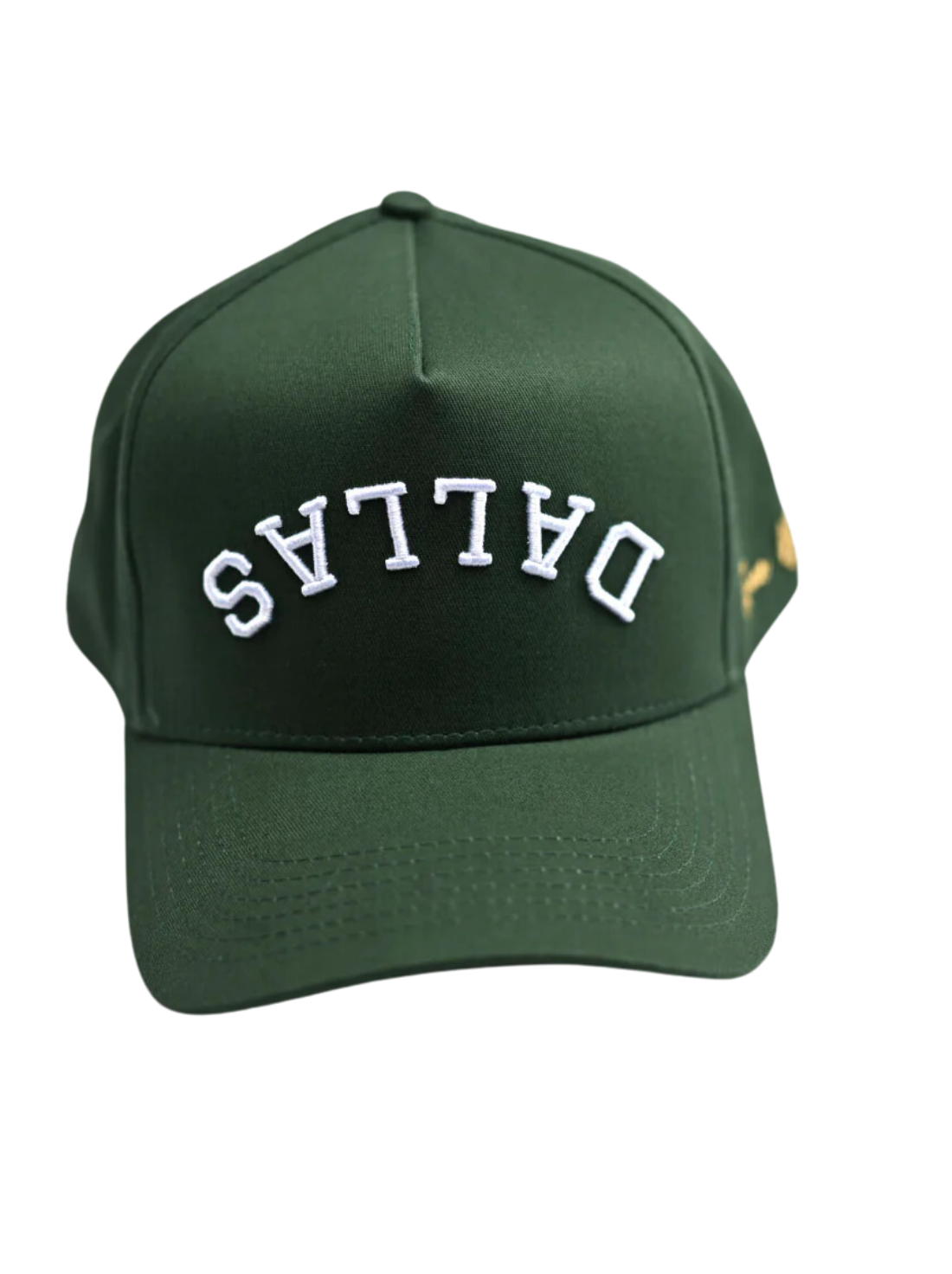 "Green baseball cap with the word 'Dallas' embroidered in white on the front."