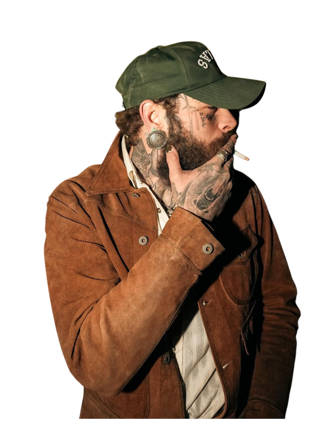 "Post Malone wearing a green Dallas cap and a brown jacket, holding a cigarette."