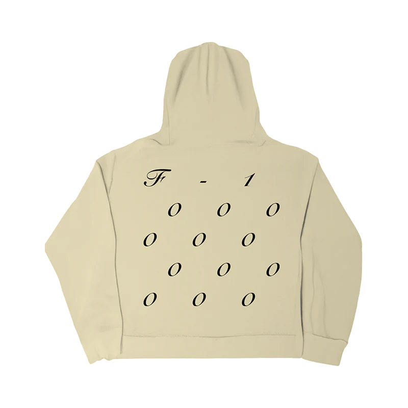 Beige 'Tire' hoodie featuring black text and design on the back with Post Malone branding. Post Malone exclusive tire hoodie.