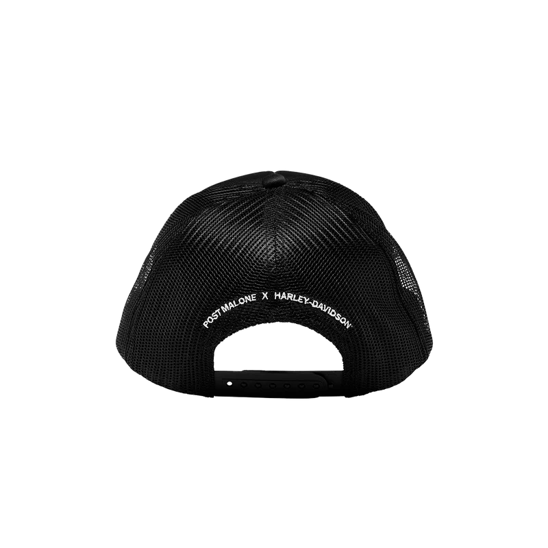 Back_view_of_the_Post_Malone_X_Harley-Davidson_Chrome_Malone_adjustable_baseball_cap_featuring_the_collaboration_text_on_the_mesh.