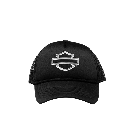 "Front view of the Post Malone X Harley-Davidson Chrome Malone adjustable baseball cap, featuring the silver Harley-Davidson shield logo."