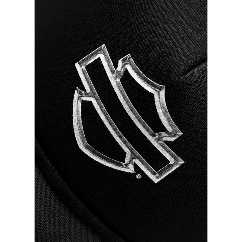 "Close-up view of the Harley-Davidson shield logo on the Post Malone X Harley-Davidson Chrome Malone adjustable baseball cap."