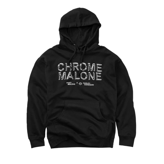 "Black pullover hoodie with 'Chrome Malone' in silver text, featuring the collaboration between Post Malone and Harley-Davidson."