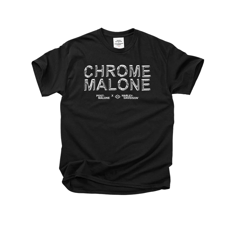 "Black t-shirt with 'Chrome Malone' printed in shiny silver letters, featuring the collaboration logo of Post Malone and Harley-Davidson."