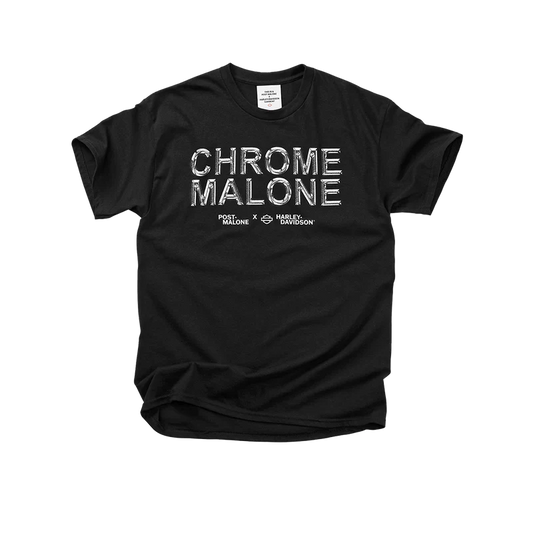 "Black t-shirt with 'Chrome Malone' printed in shiny silver letters, featuring the collaboration logo of Post Malone and Harley-Davidson."