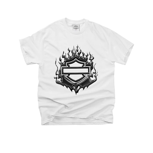 "Front of white t-shirt featuring a large flaming bar and shield graphic in black and gray."