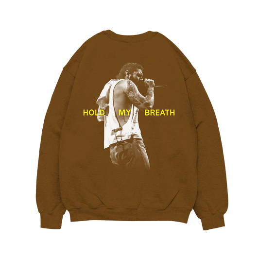 "Brown crewneck sweatshirt with text 'Austin Post Malone © & ℗ 2023' printed in yellow on the front."