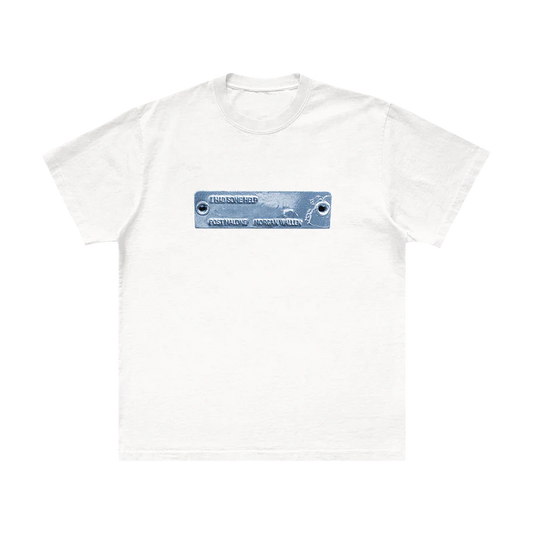 "White t-shirt featuring a blue metallic plate design with text 'I HAD SOME HELP' and 'POST MALONE' and 'MORGAN WALLEN' engraved on it."