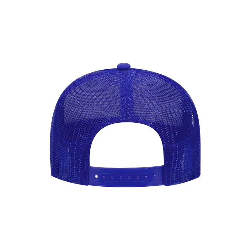 Back view of the blue I Had Some Help Trucker Hat, showing the mesh material and adjustable snap closure.