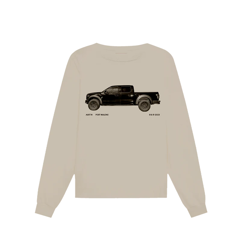 "Beige long sleeve shirt featuring a black truck graphic and 'Austin Post Malone © & ℗ 2023' printed below the image."