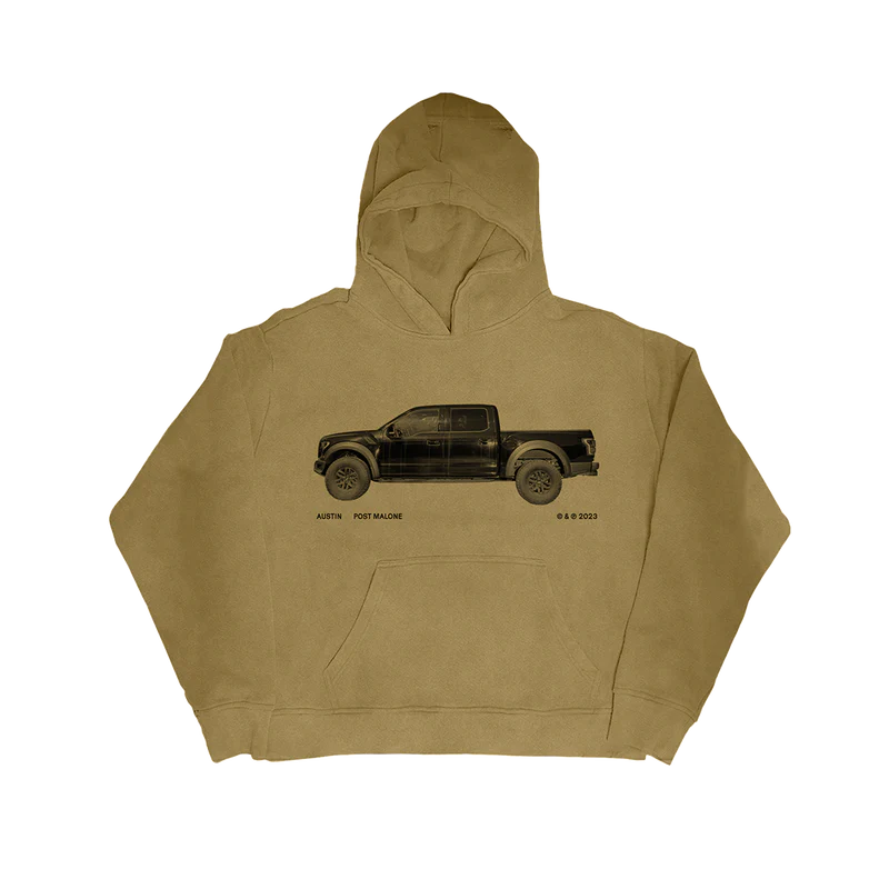 "Brown hoodie featuring a black truck graphic and 'Austin Post Malone © & ℗ 2023' printed below the image."