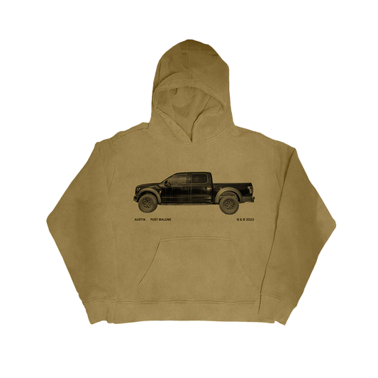 "Brown hoodie featuring a black truck graphic and 'Austin Post Malone © & ℗ 2023' printed below the image."