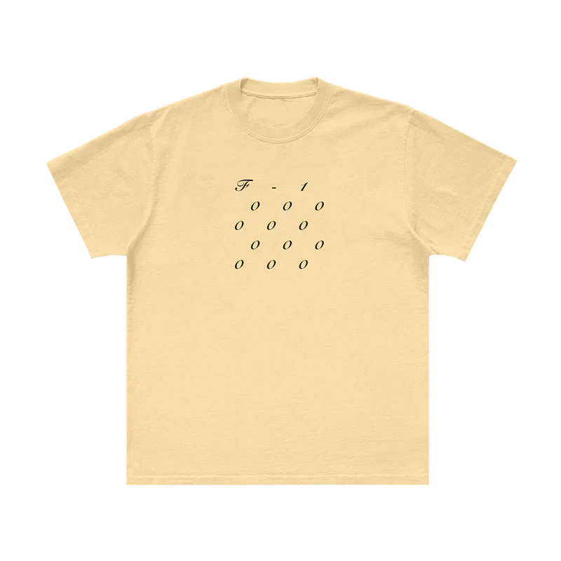 Front view of beige Post Malone F-1 Trillion stacked t-shirt with F-1 text