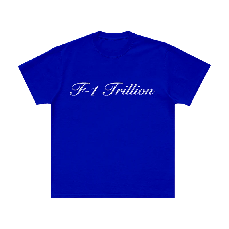 Front view of blue Post Malone F-1 Trillion t-shirt with F-1 Trillion text