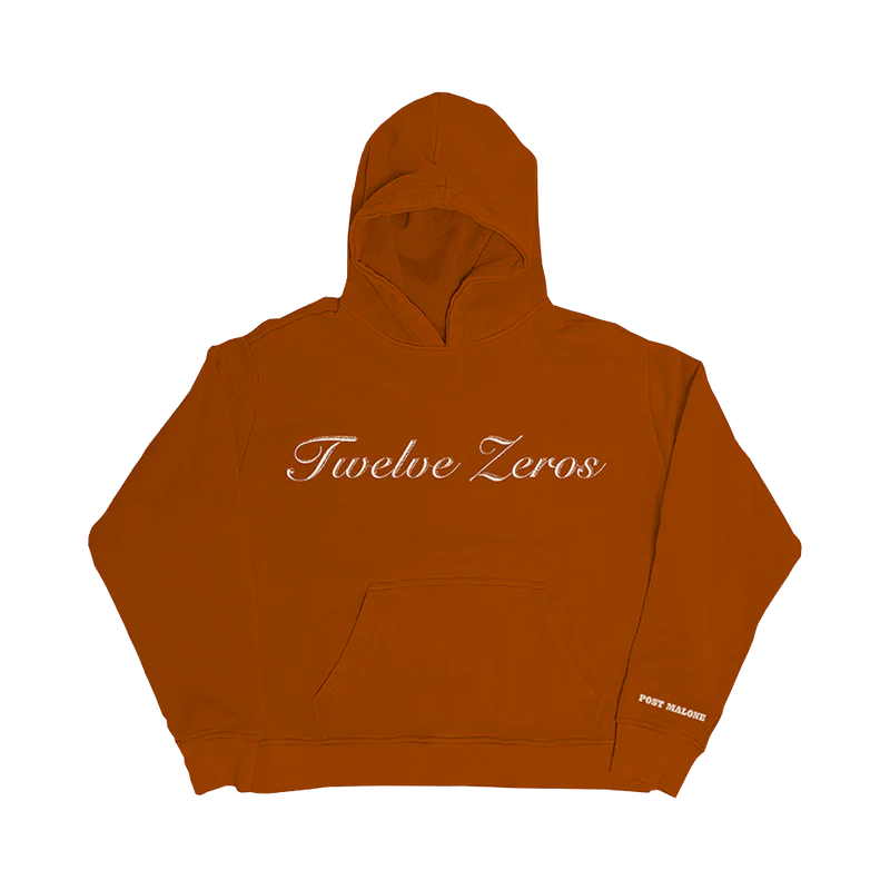 Front view of brown 'Twelve Zeros' hoodie with white script text and Post Malone branding on the sleeve.