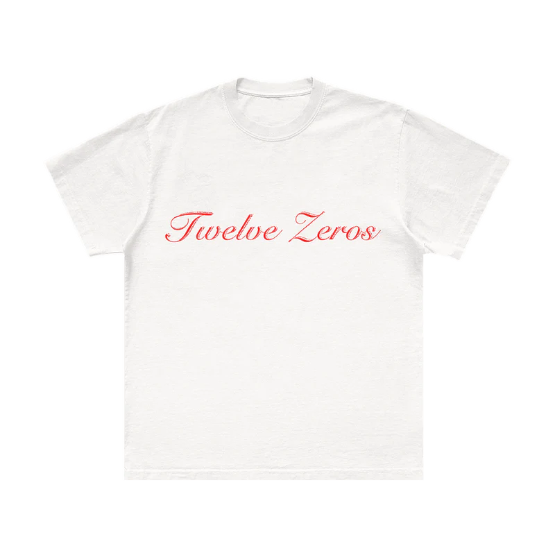 Front view of white 'Twelve Zeros' T-shirt with red script text.