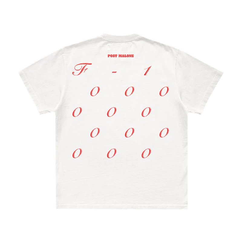 White 'Twelve Zeros' T-shirt featuring red text and design with Post Malone branding